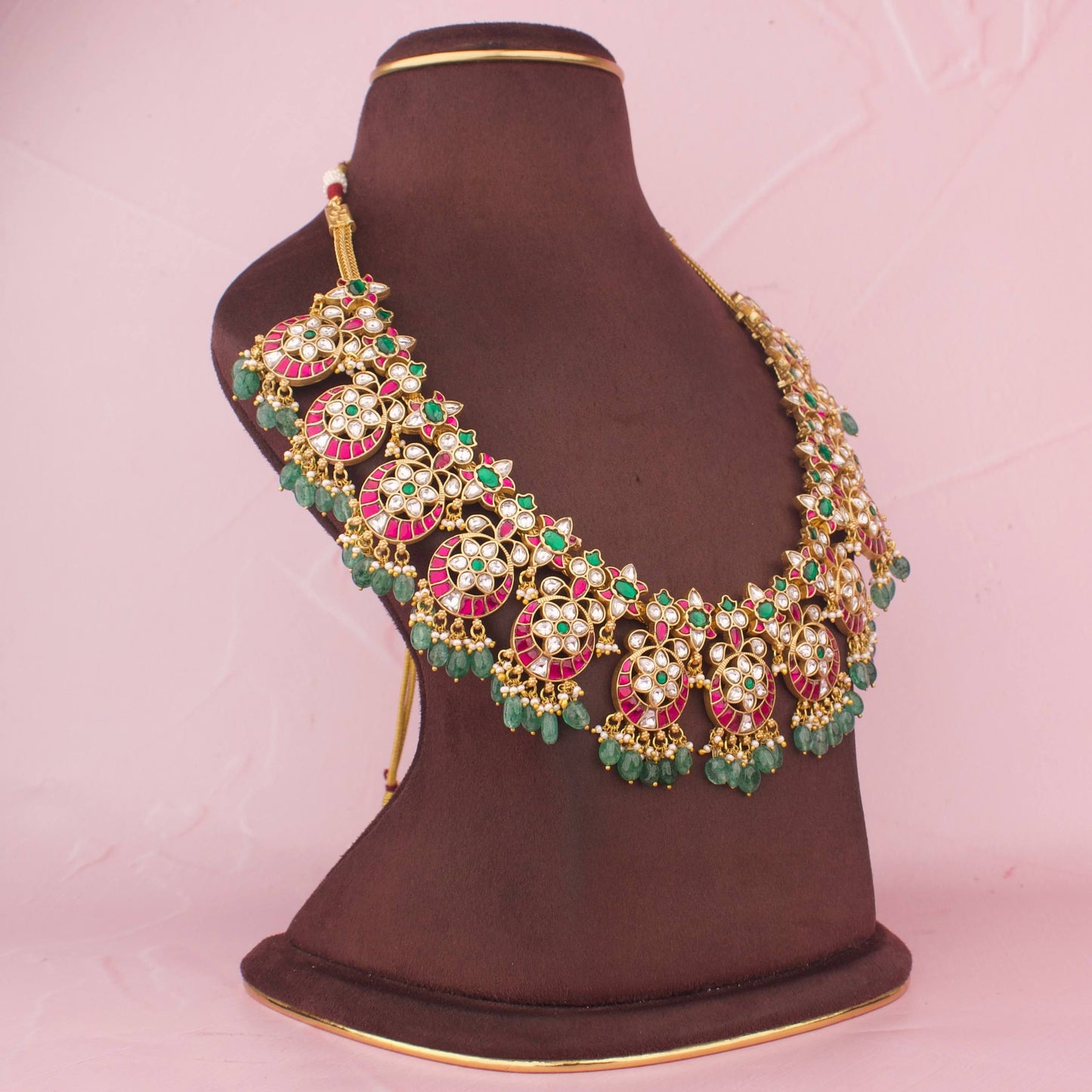 Royal Jadau Kundan Bridal Short Necklace With Meenakari Work And Emerald Bead Drops