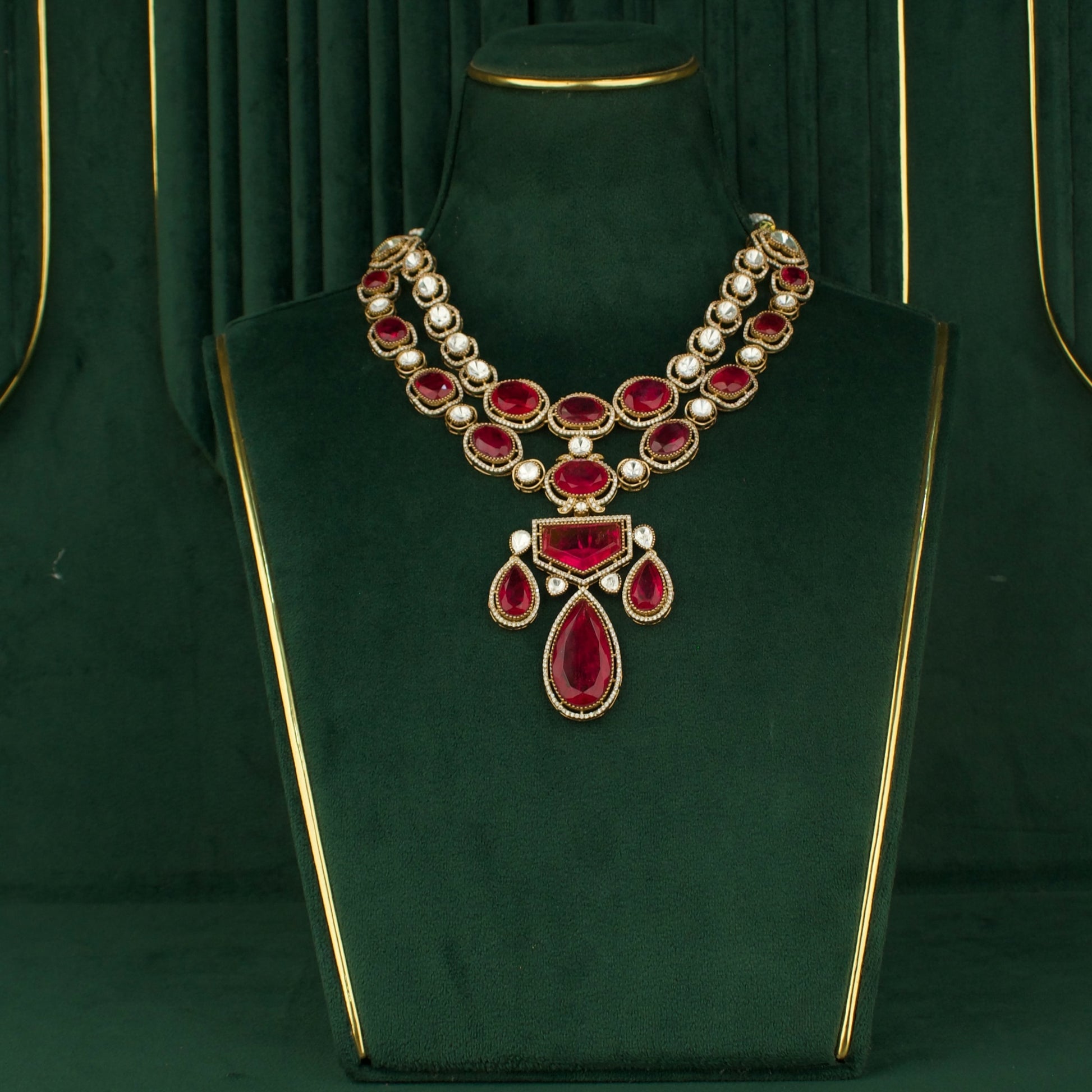 Dazzling Polki Mehandi Victorian double Layer Necklace with Matching Earrings