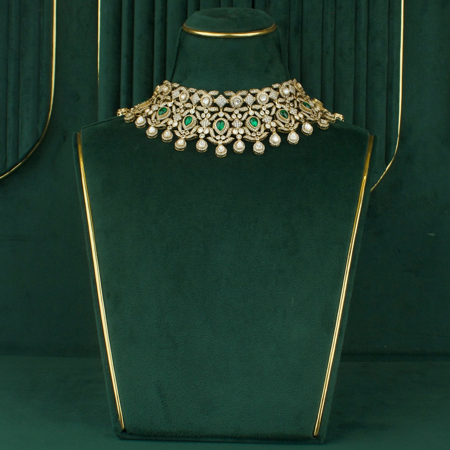 Traditional Polki Mehandi Victorian Choker Set With Matching Earrings And Maangtika