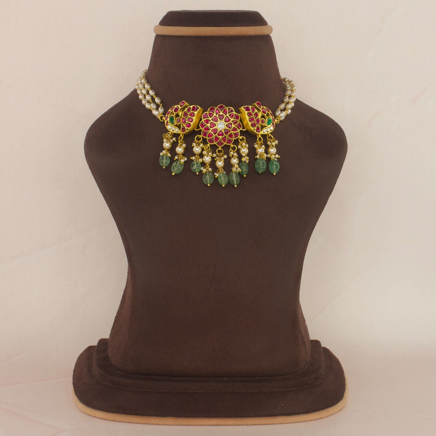 Gold Plated Kundan Choker with Rice Pearls and Peacock Moti