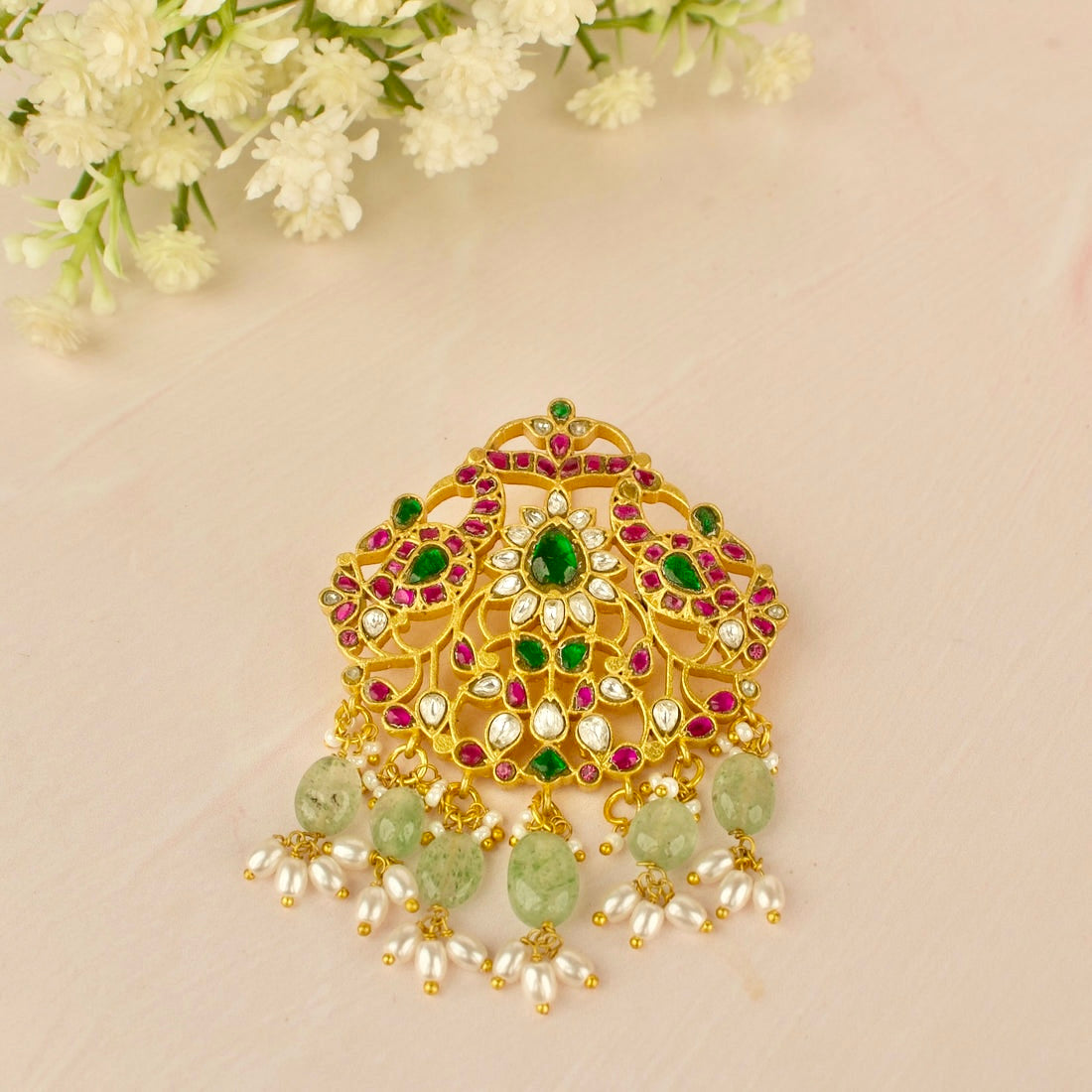 Gold Inspired Jadau Kundan Pendant With Bead & Pearl Hanging