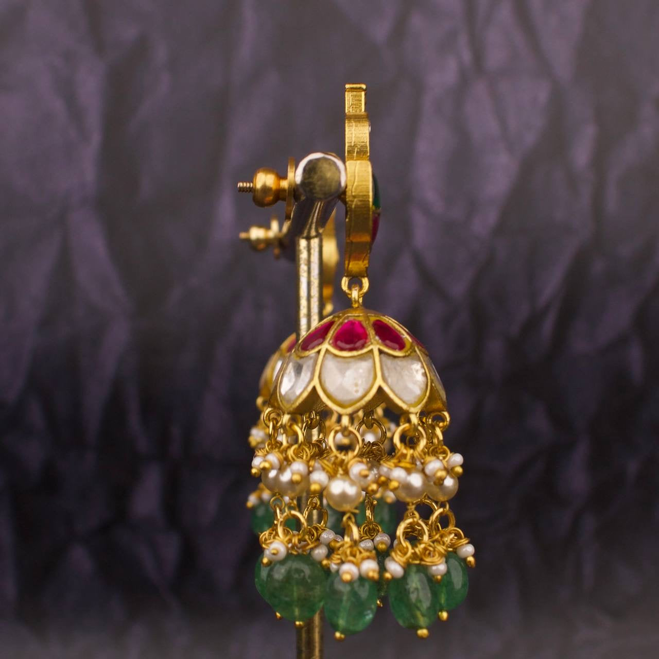 Peacock Studded Jadau Kundan Jhumki Earrings With Swarovski Pearl And Beads Hangings