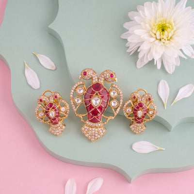 Victorian Polki Ruby Pendant Set With Earrings - Handcrafted Indian Bridal Jewelry by Dulhan Jewels