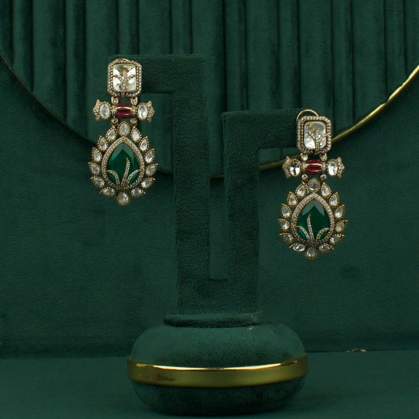 Bridal Emerald Polki Long Necklace Set With Earrings