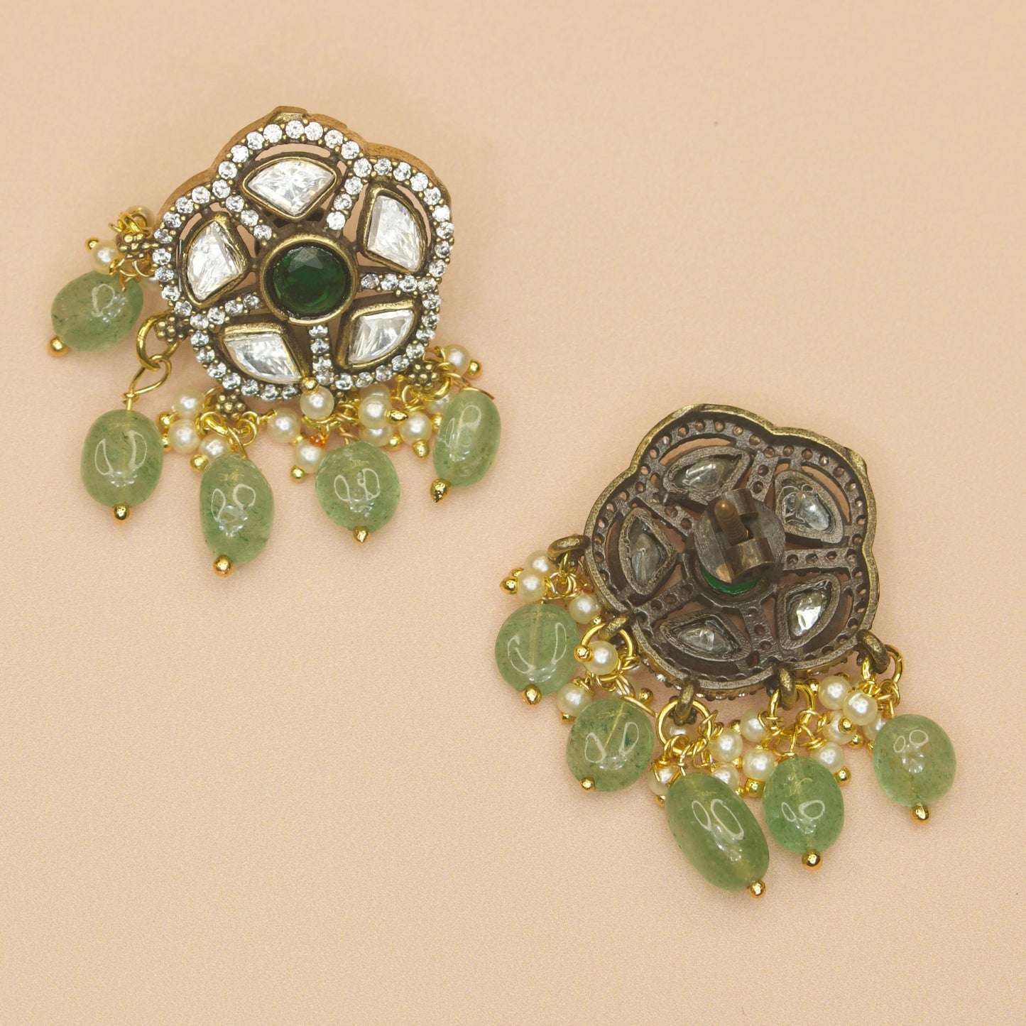 Green Victorian Polki Necklace Set with screw-back earrings