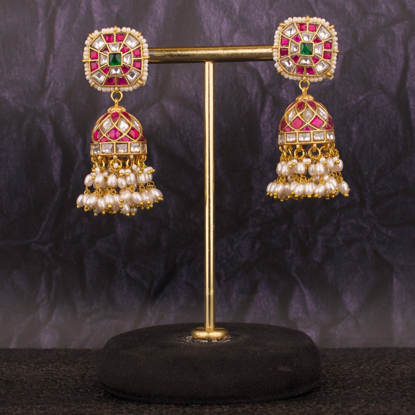 Unique Design Jadau Kundan Jhumki With Rice Pearl Hanging - DULHAN JEWELS