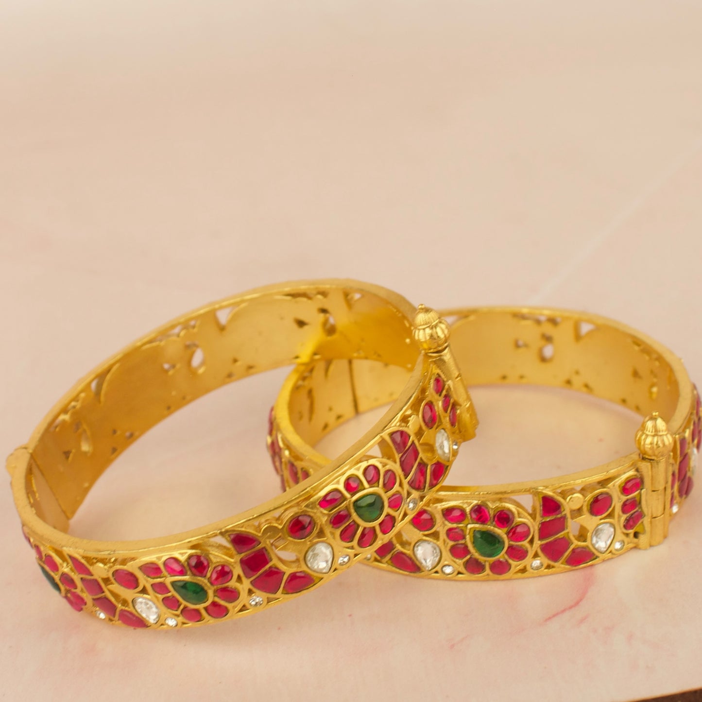 Gold Style Floral Peacock Design Jadau Kundan Bangles