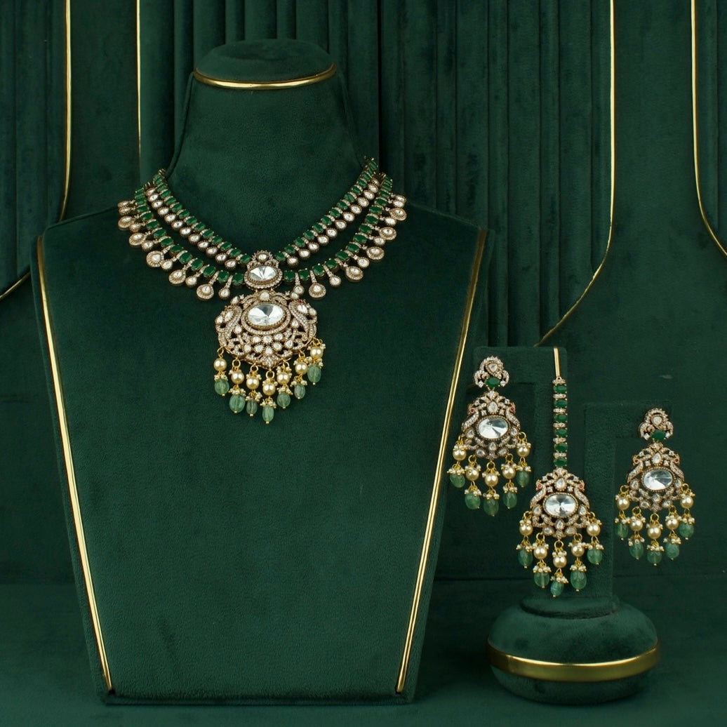 Dazzling Peacock Design Polki Mehandi Victorian Short Necklace
