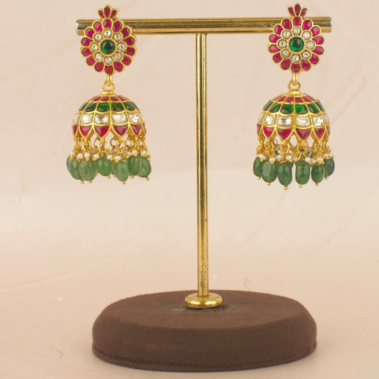 Floral Design Studded Jadau Kundan Jhumki with Green Beads