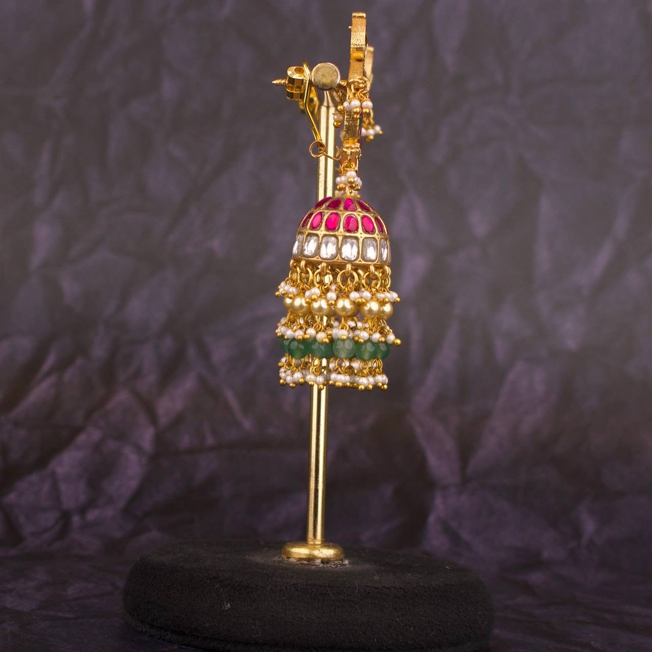 Gold Inspired Jadau Kundan Floral Studded Jhumki Earrings With Guttapusalu Hangings as