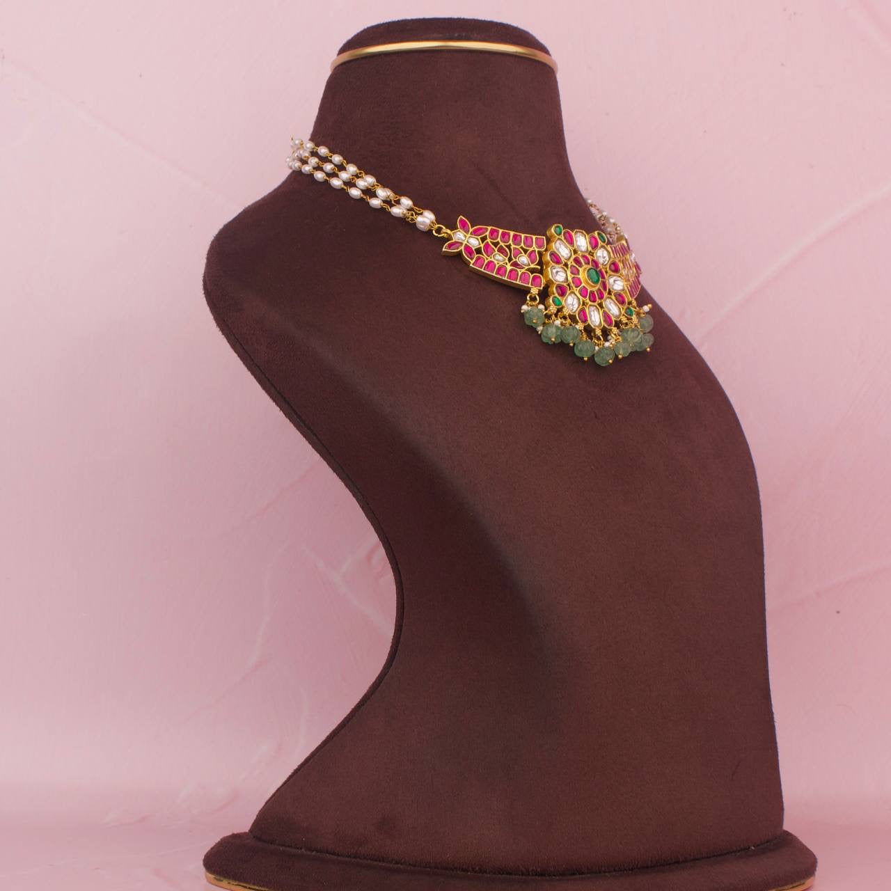 Floral Design Jadau Kundan Choker With Ricepearl Chain