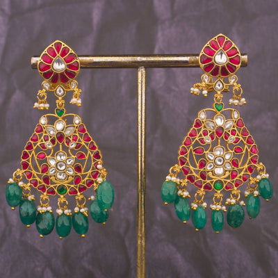 Elegant Jadau Kundan Chandbali Earrings With Emerald Drops