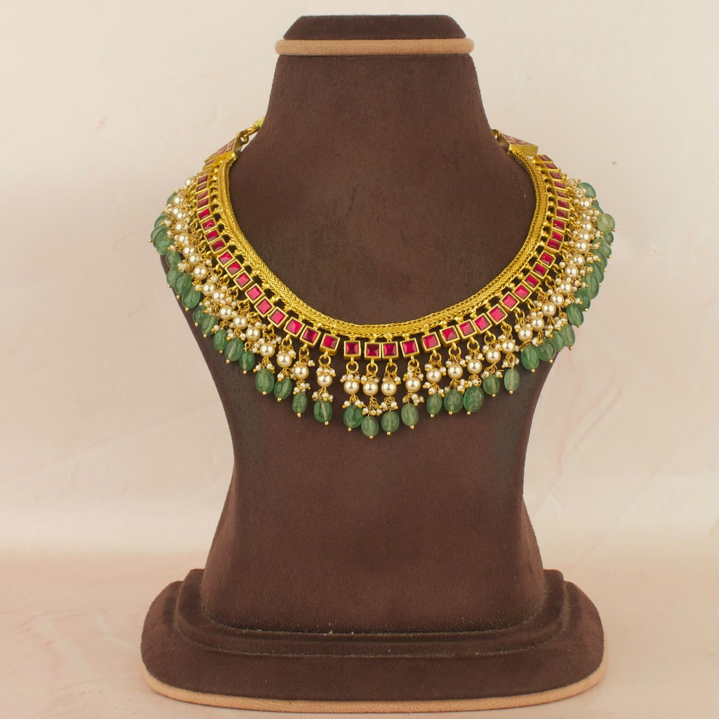 Reversible Opulent Design Jadau Kundan Necklace with Green Beads Hanging