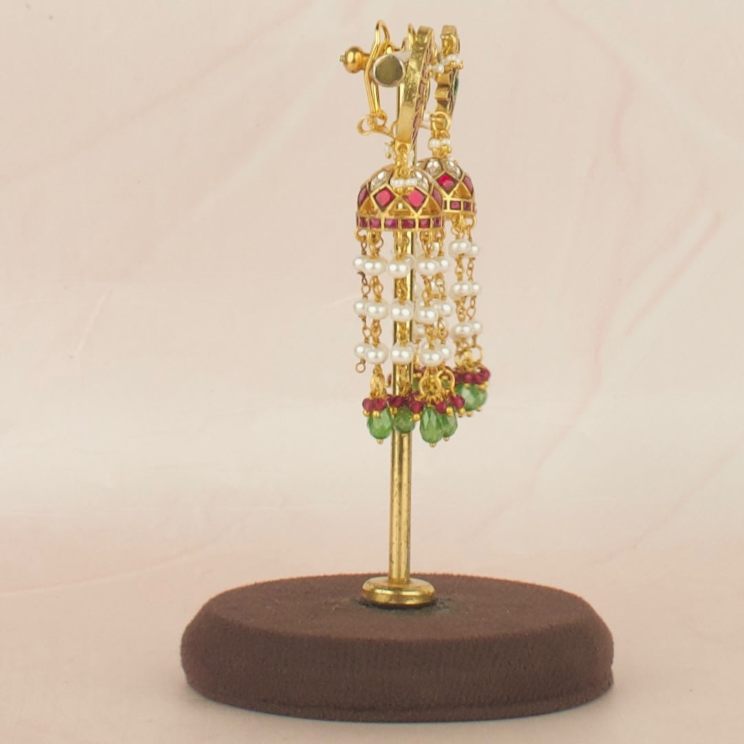 Chandbali Floral Design Jadau Kundan Jhumki White Beads Hanging