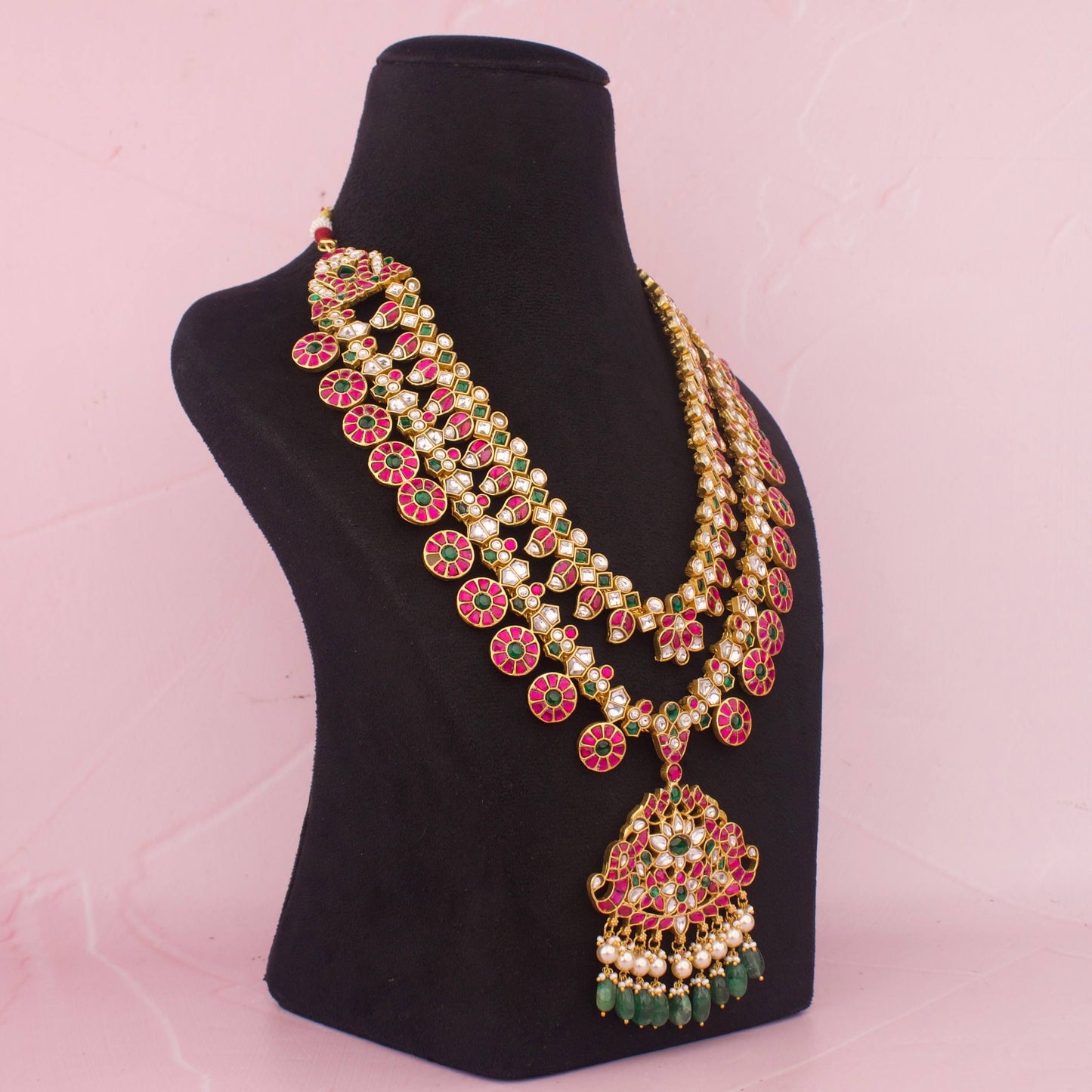 Royal Multi-Stone Jadau Kundan Bridal Long Necklace With Pendant And Emerald Drops