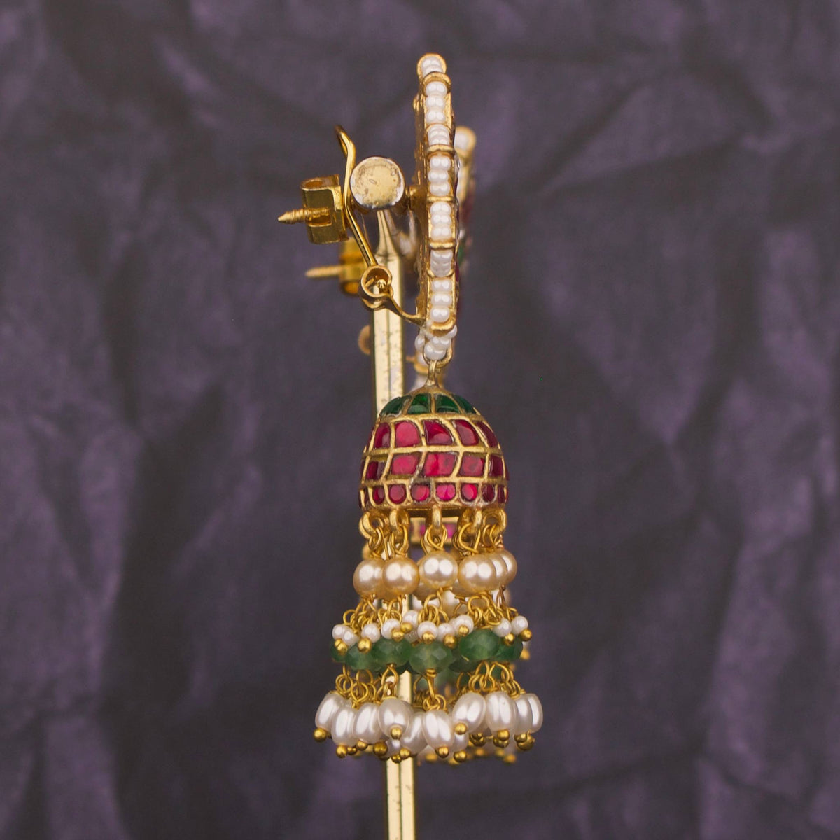 Charming Floral Studded Jadau Kundan Jhumki With Guttapusalu Hangings - Alternate View 1