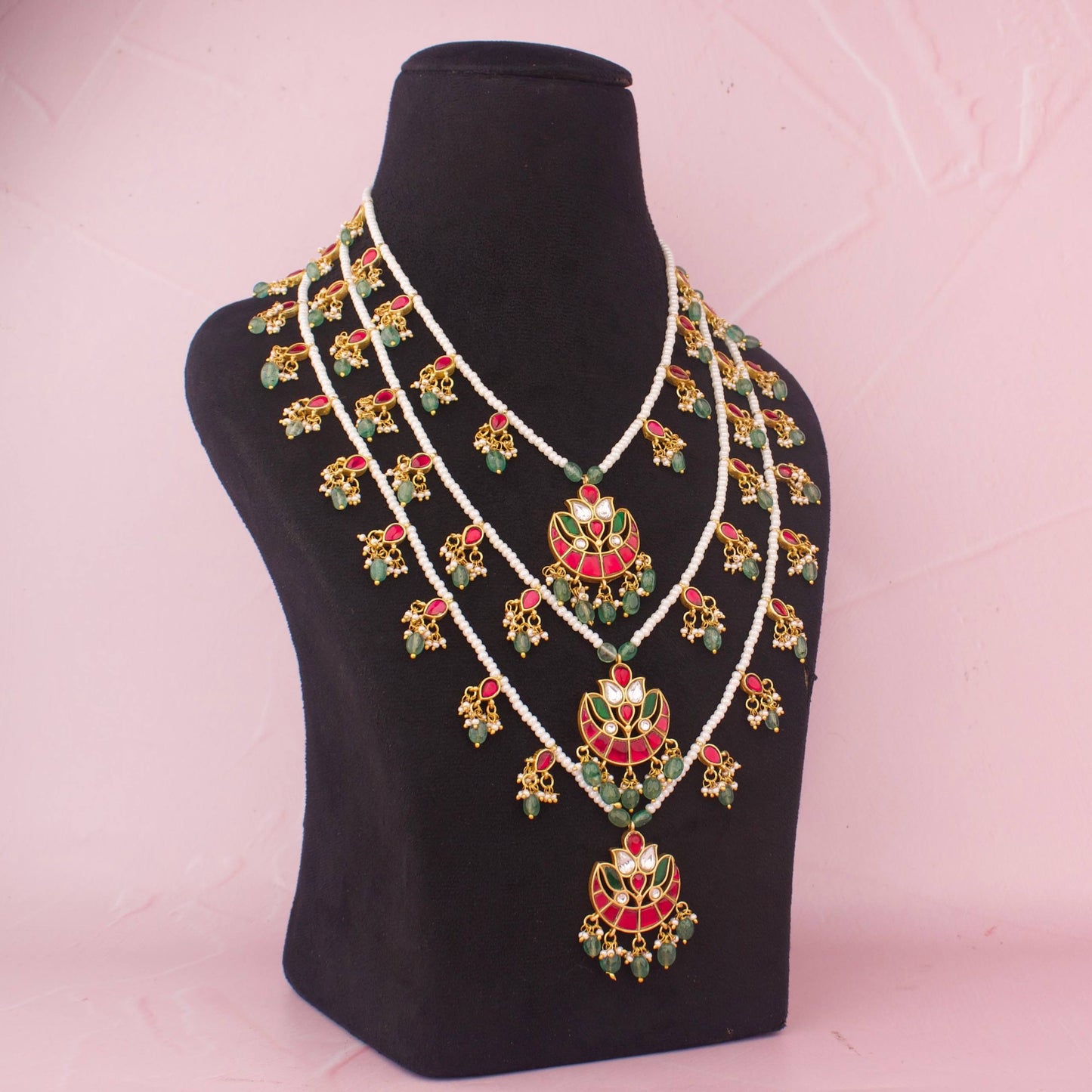 Heritage Triple-Layer Pearl Necklace With Jadau Kundan Floral Pendant