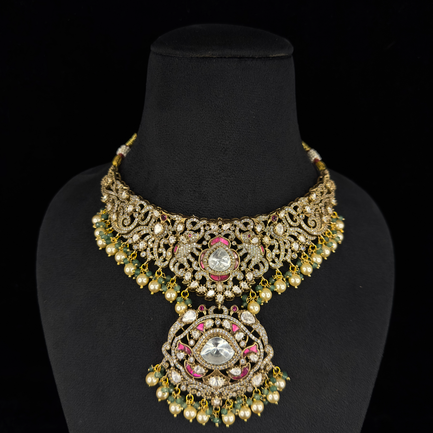 Victorian Moissanite Necklace Set with Pearl hangings