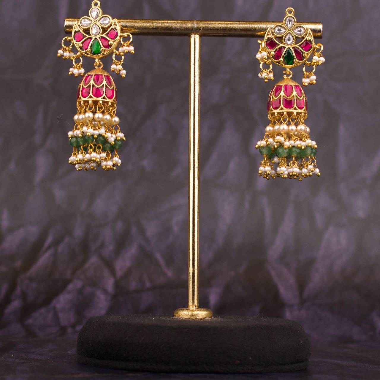 Cute Chand Floral Studded Jhumki Earring With Guttapusalu Hangings