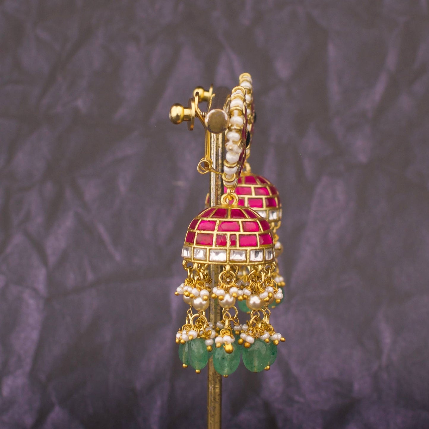 Designer Jadau Kundan Jhumki Earrings with Pearl Layers And Emerald Beads