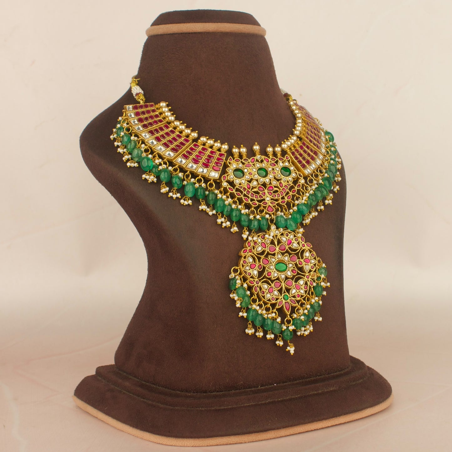 Gold inspired Jadau Kundan Necklace With Bead Hangings