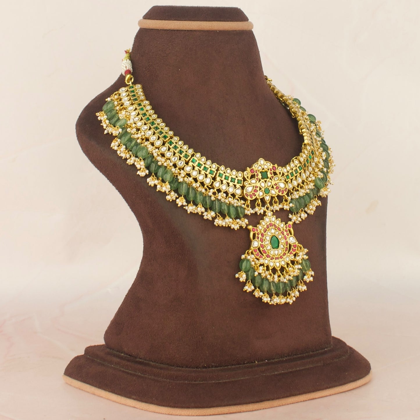 Beauteous Peacock Design Jadau Kundan Necklace With Guttapusalu Hangings