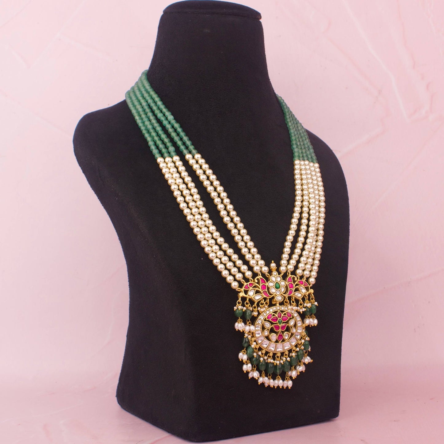 Royal Multi Layer Pearl Jadau Kundan Necklace With Emerald Green Beads - Alternate View 1
