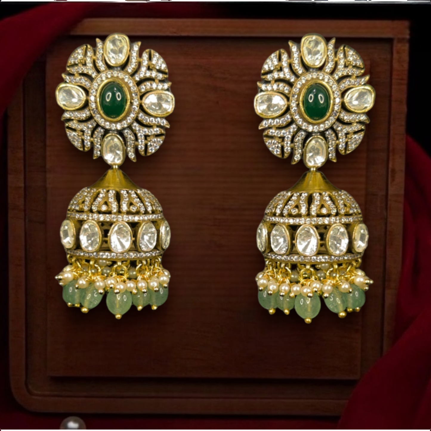 Victorian Moissanite Jhumka in pushback style. This Victorian Jewellery is available in a Green colour variant.