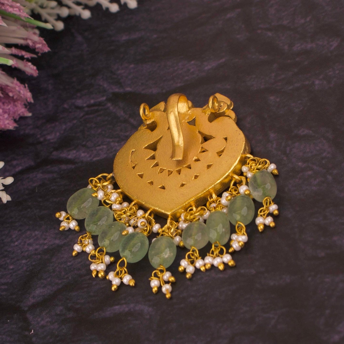Floral Studded Peacock Design Small Sized Jadau Kundan Locket - DULHAN JEWELS