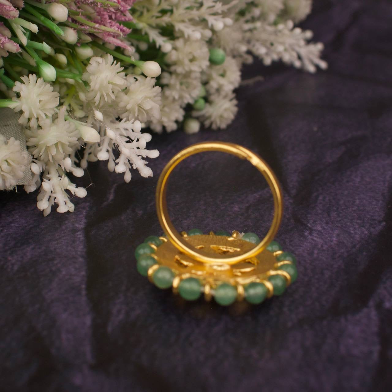 Floral Studded Jadau Kundan Ringer Ring With Beads Bordering