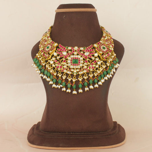BridalSquared Peacock Design Jadau Kundan Necklace with Beads Hanging