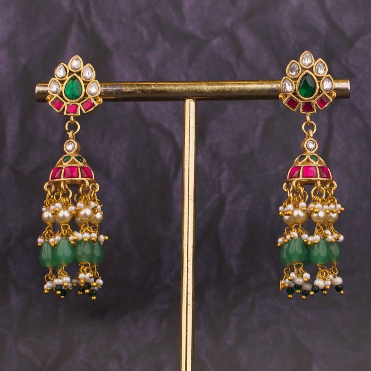 Floral Studded Jadau Kubdan Hanging Jhumki Earrings