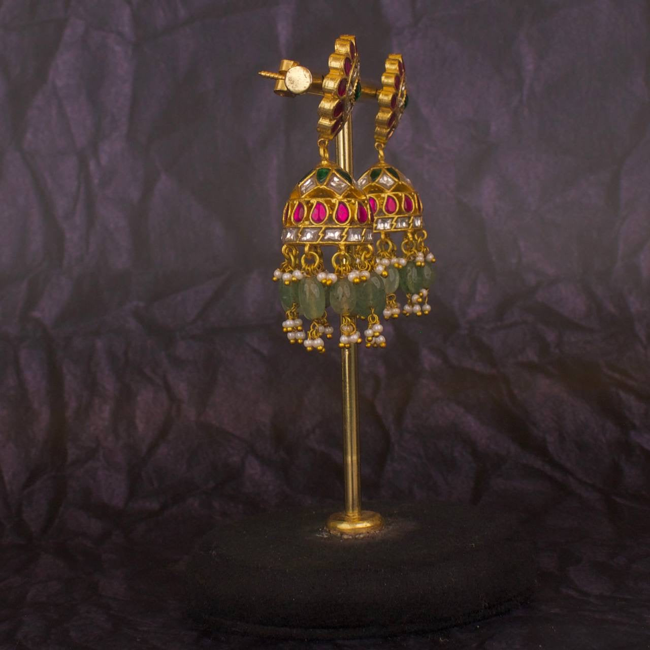 Gold Inspired Floral Studded Jadau Kundan Jhumki Earrings