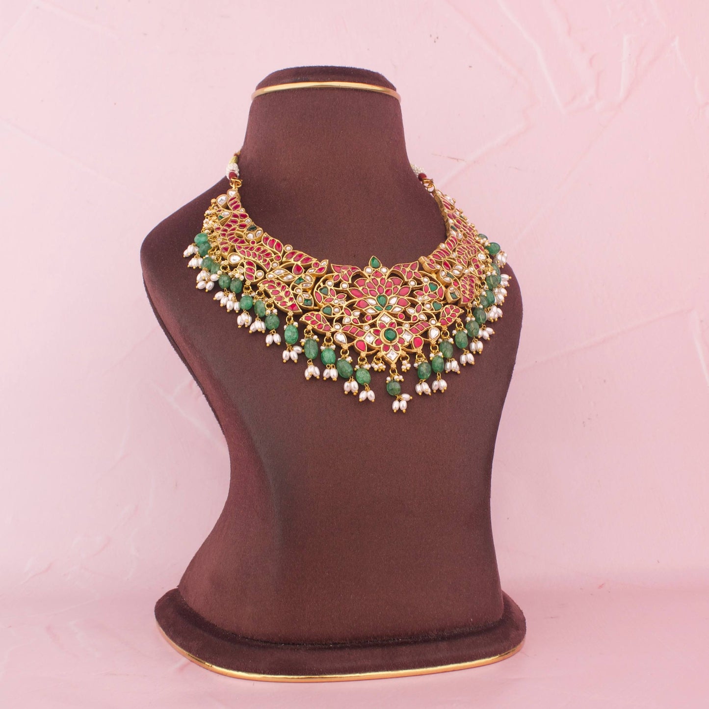 Royal Jadau Kundan Necklace With Emerald Beads And Pearl Drops