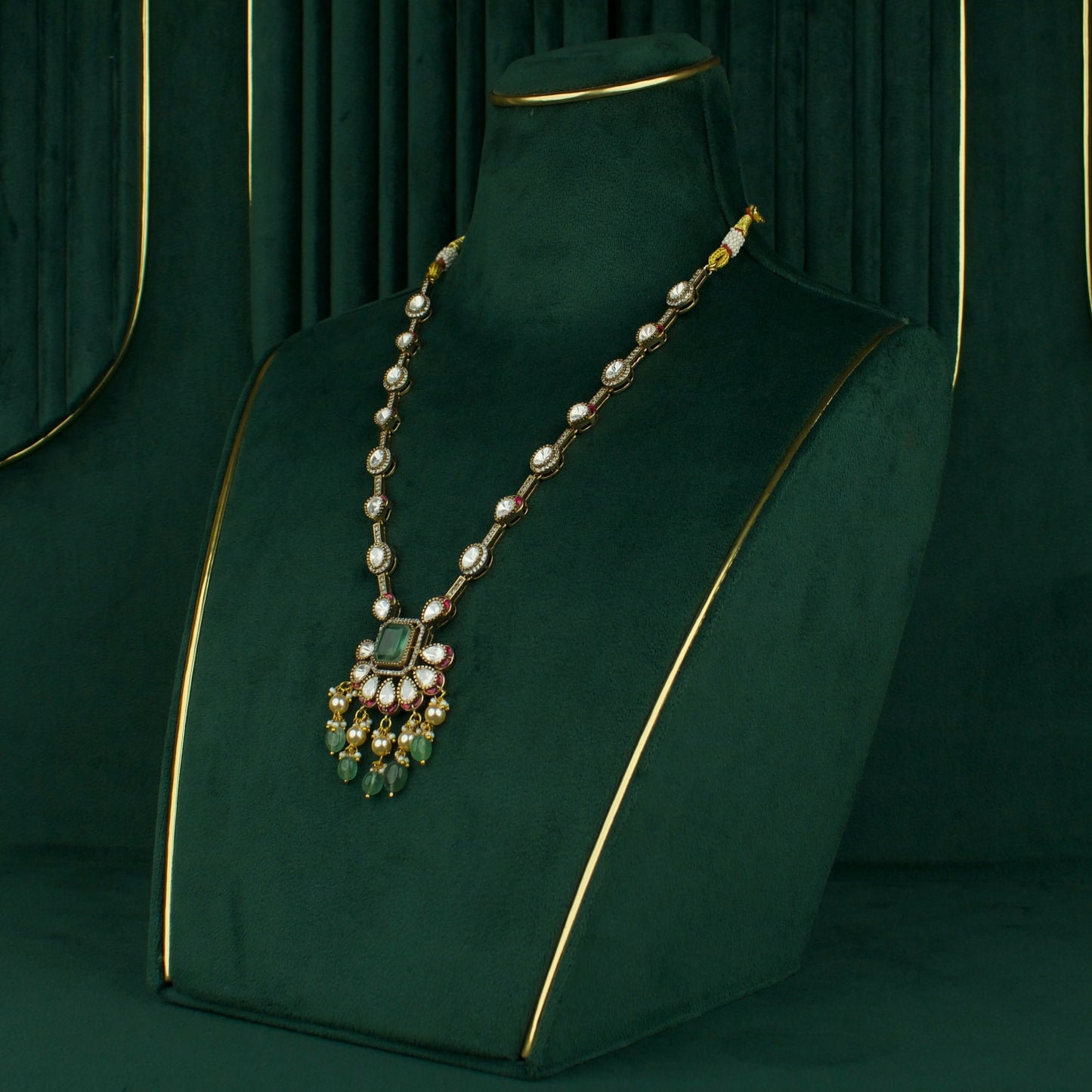 Sleek Polki Necklace With Earrings In Victorian Finish