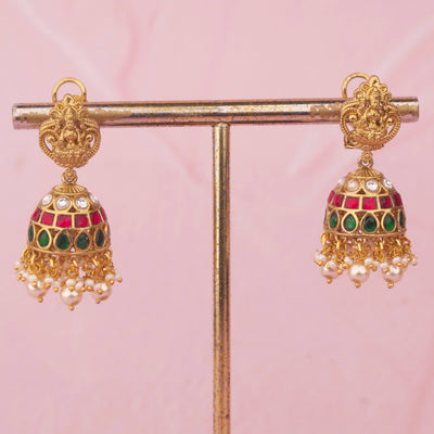 Temple Style Jadau Kundan Jhumki Earrings With Pearl Drops