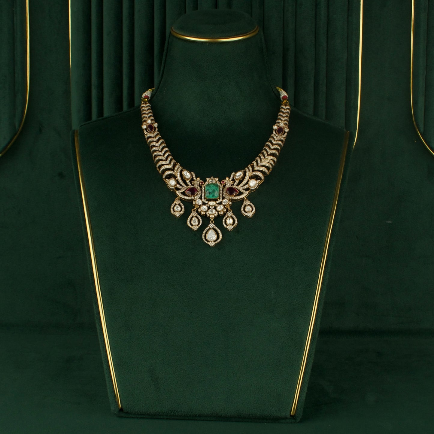 Deluxe Peacock Design Fusion Kundan & Polki Victorian Necklace Set