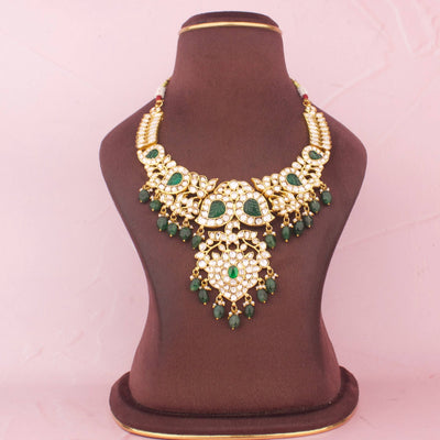Classic Polki Necklace Set With Emerald Green Detailing