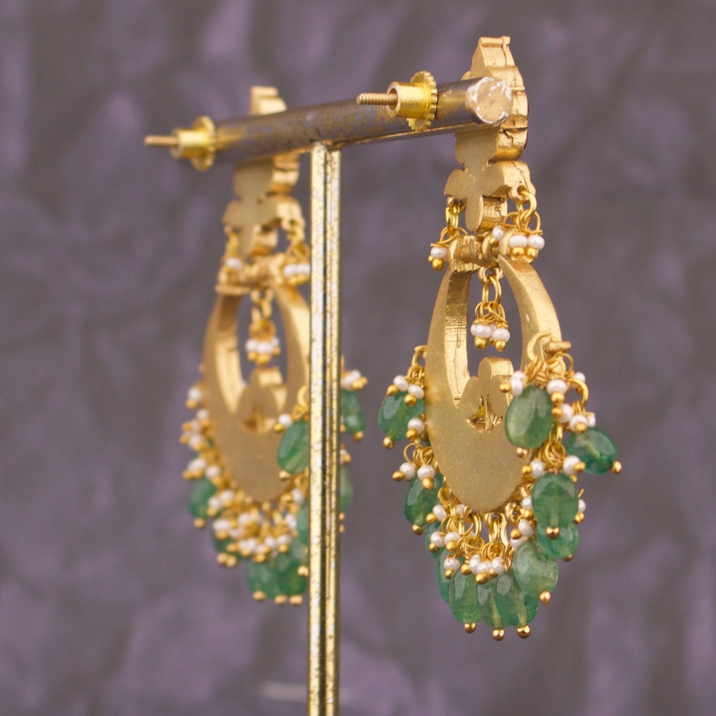 Designer Jadau Kundan Chandbali Earrings With Emerald Beads