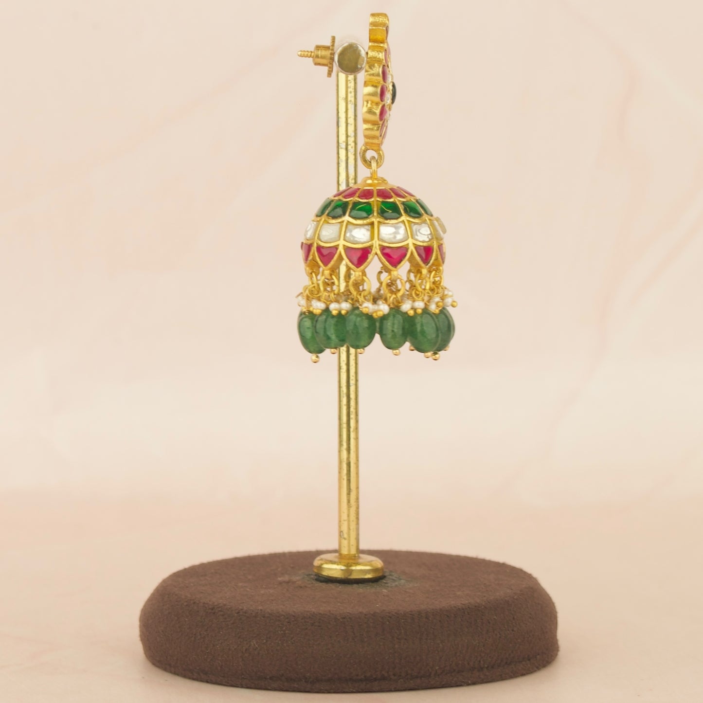 Floral Design Studded Jadau Kundan Jhumki with Green Beads