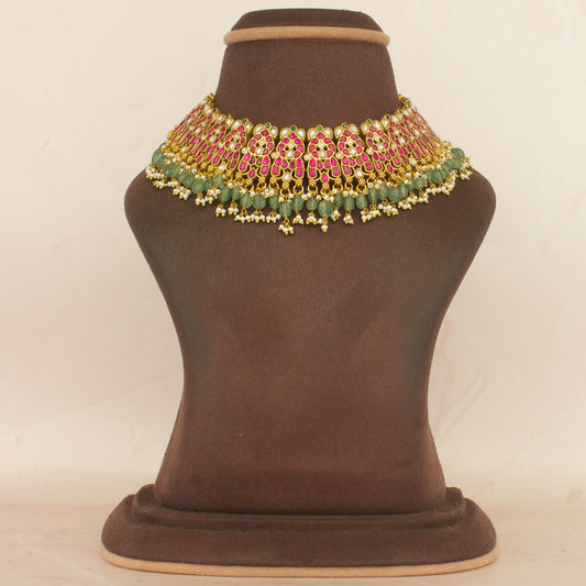Jadau Kundan Floral Design Short Necklace With Beads Hangings