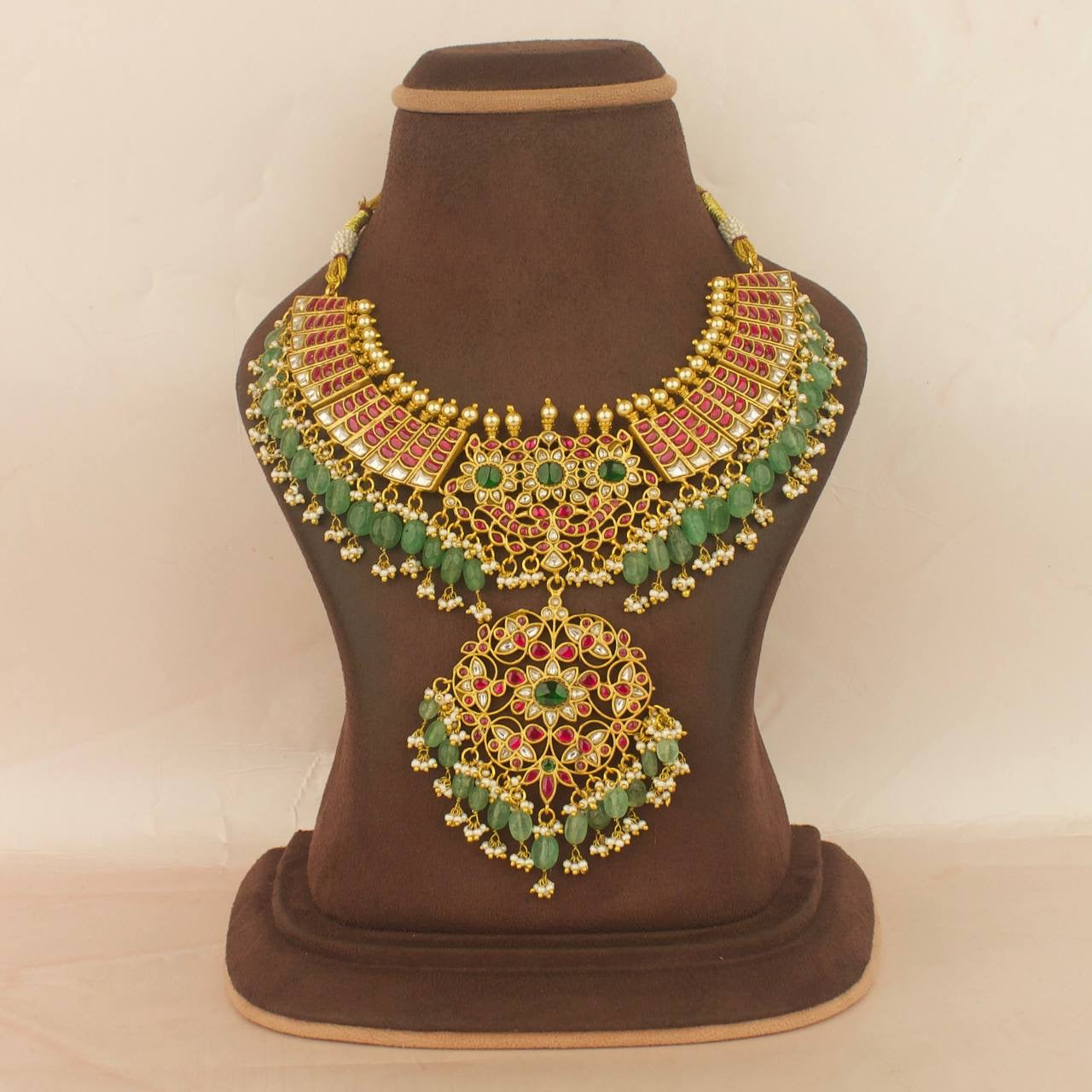 Gold inspired Jadau Kundan Necklace With Bead Hangings