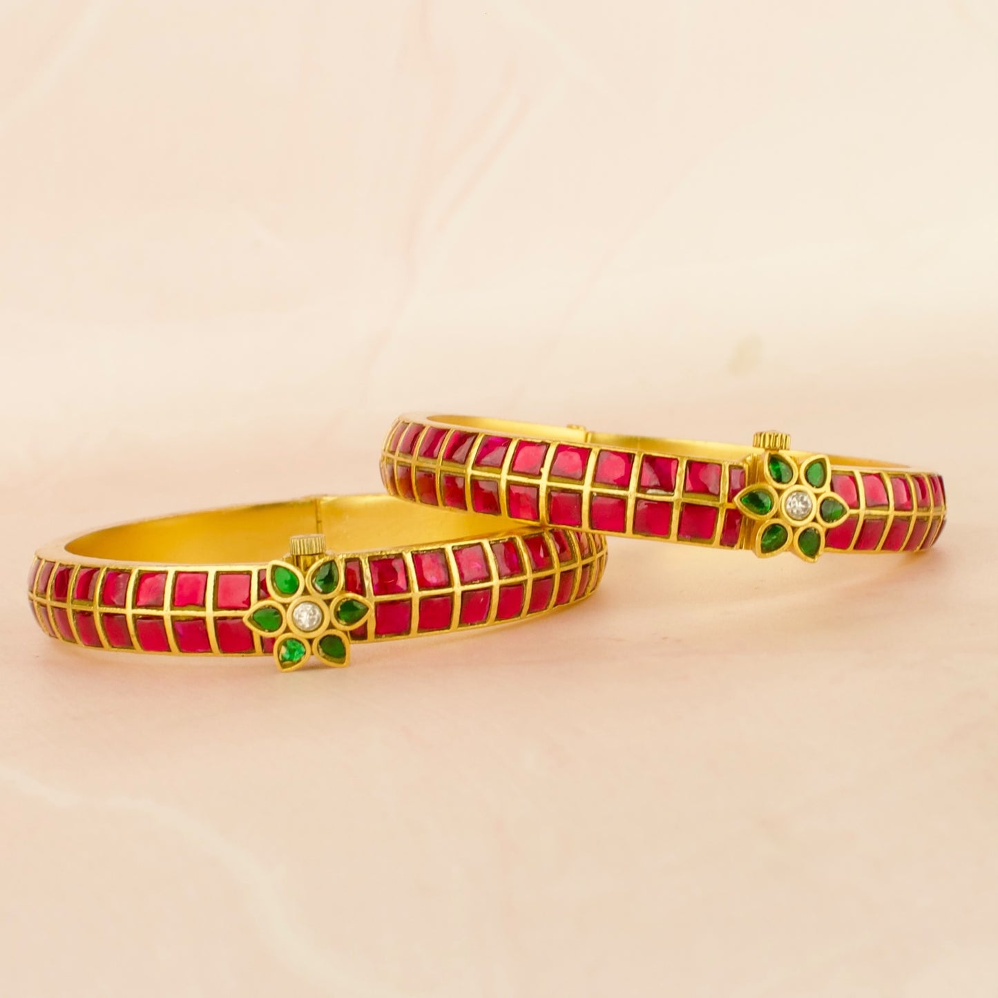 Handcrafted detail view of Traditional Floral Design Jadau Kundan Bangles jewelry piece