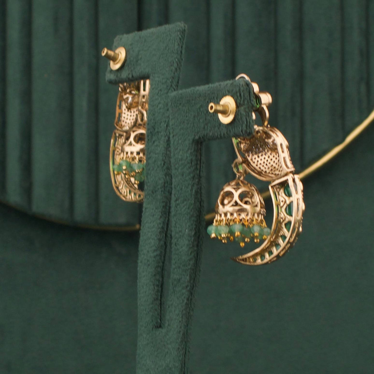 Traditional Peacock Design Polki Victorian Jhumki Craftsmanship & Detail View - Dulhan Jewels