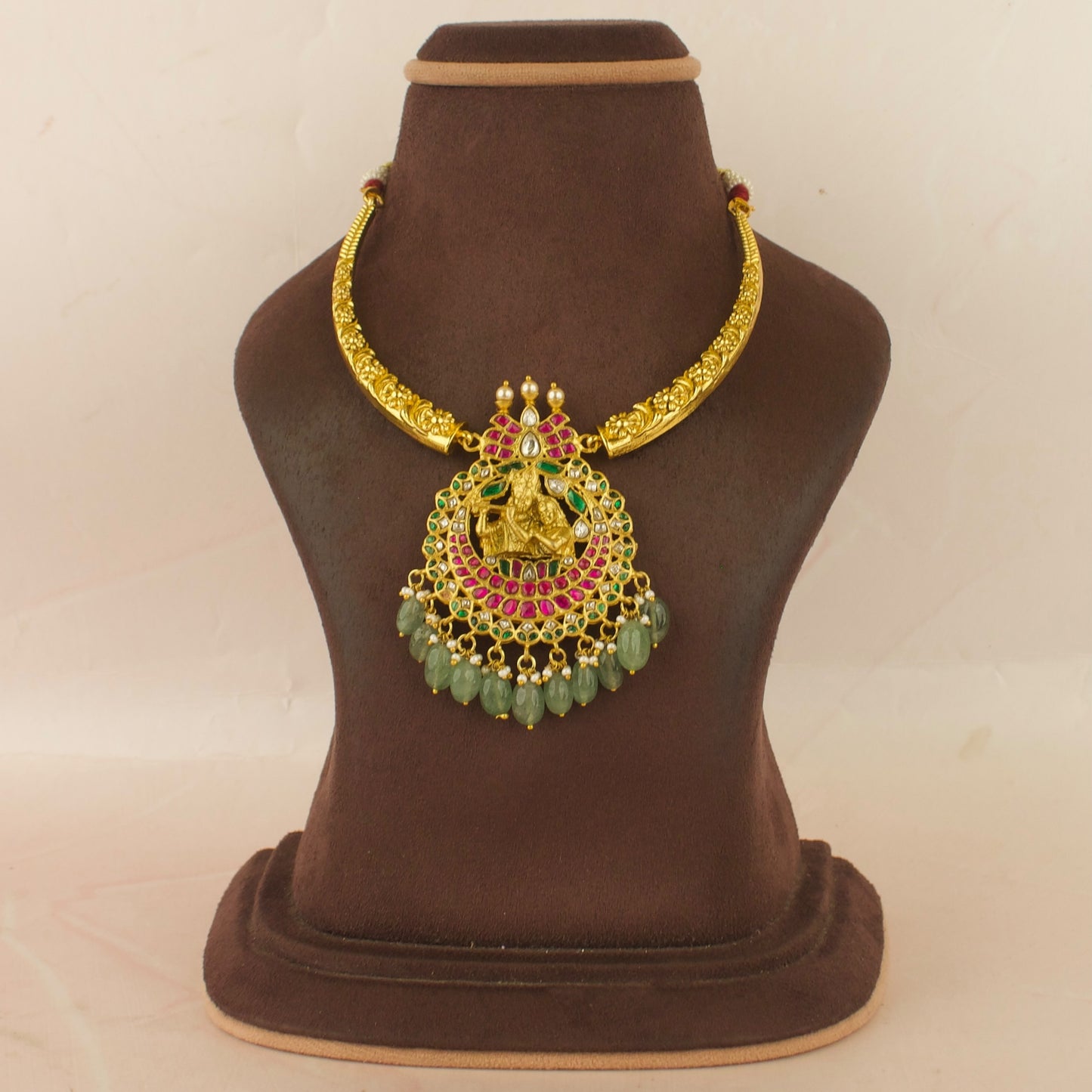 Radha Krishna Locked Jadau Kundan Kanti with Green Beads