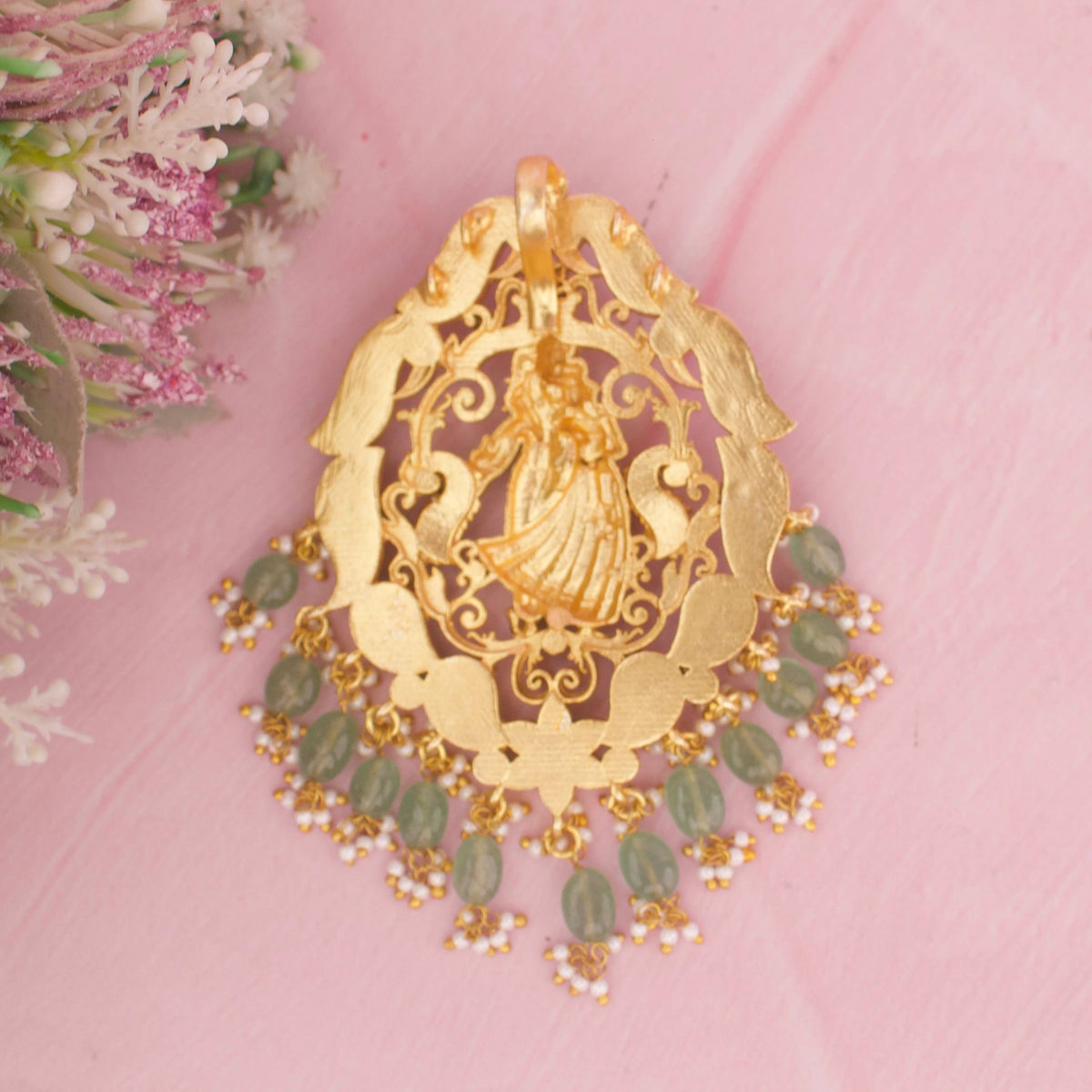 Graceful Jadau Kundan Radha Krishna Locket With Green Drops