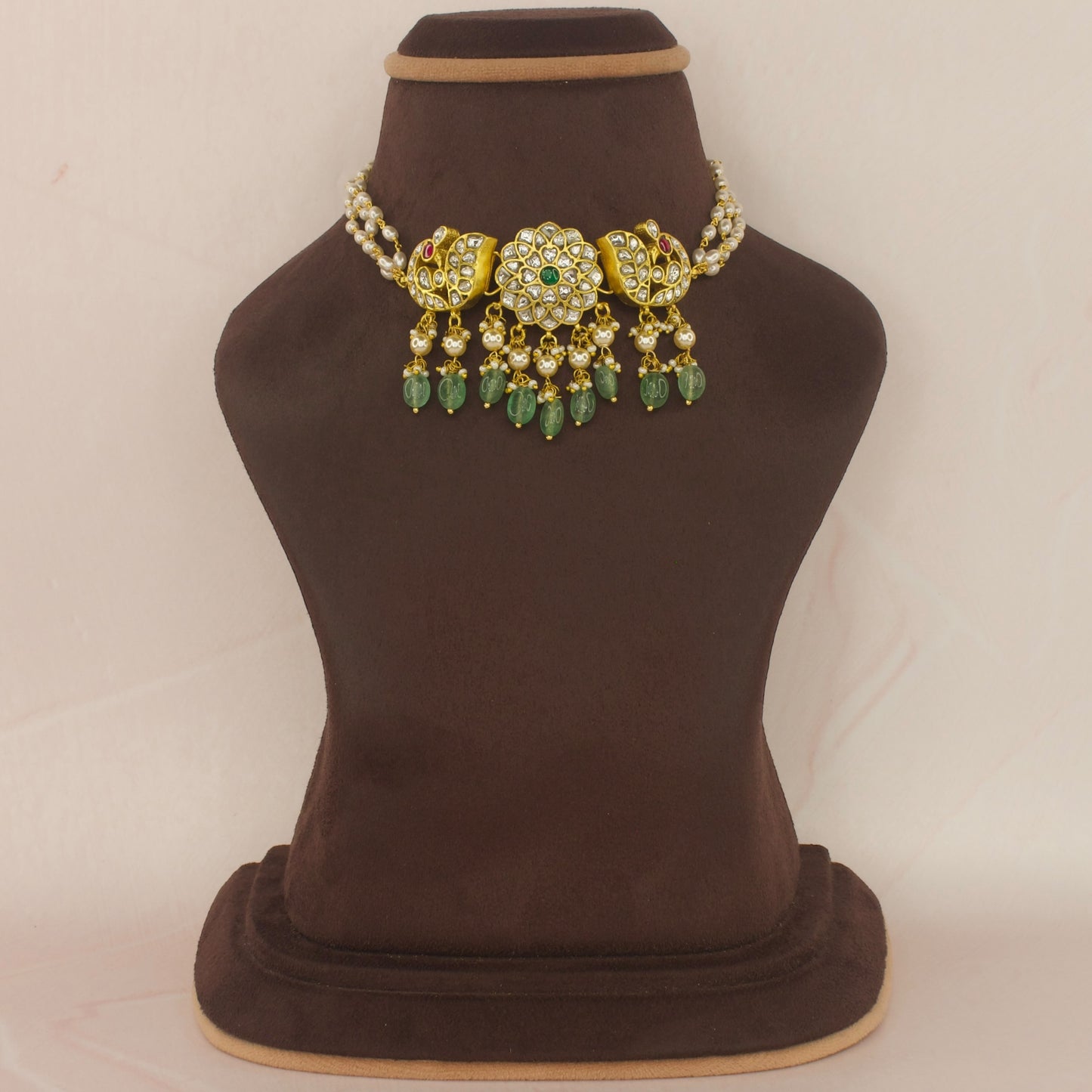 Gold Plated Kundan Choker with Rice Pearls and Peacock Moti