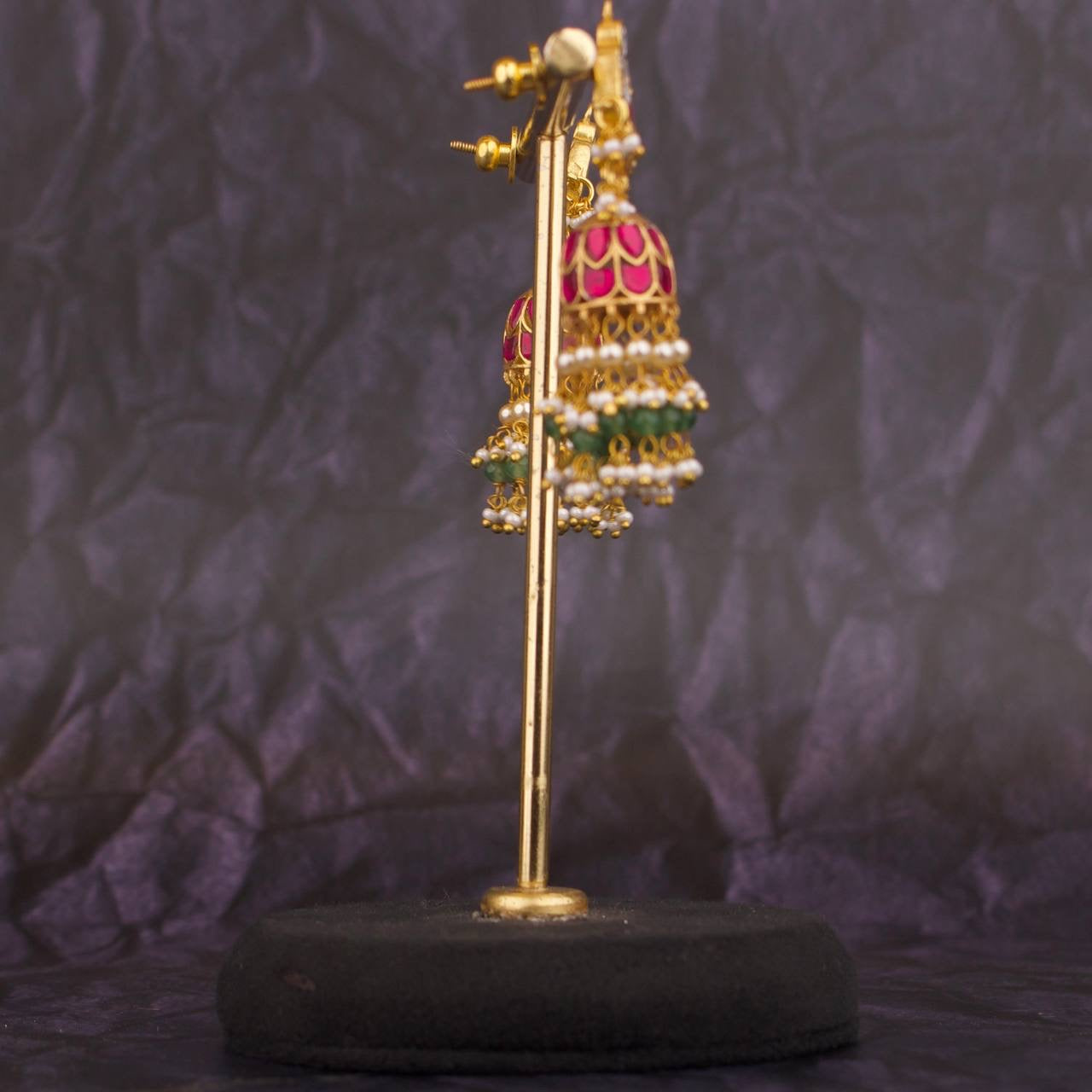 Cute Chand Floral Studded Jhumki Earring With Guttapusalu Hangings