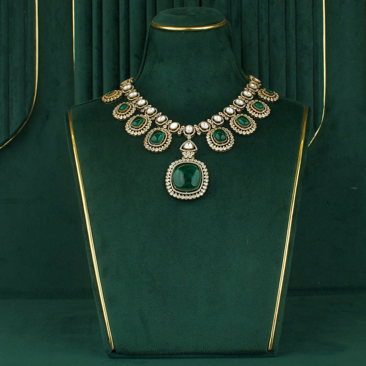 Deluxe Polki Mehandi Victorian Short Necklace With Matching Earrings