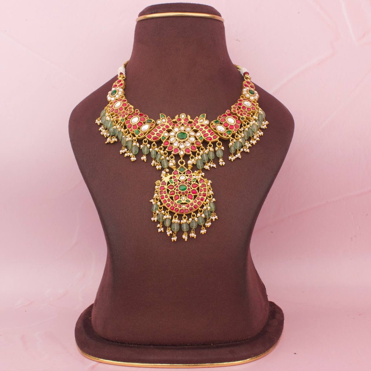 Graceful Chand Design Jadau Kundan Necklace With Strawberry Beads Hanging